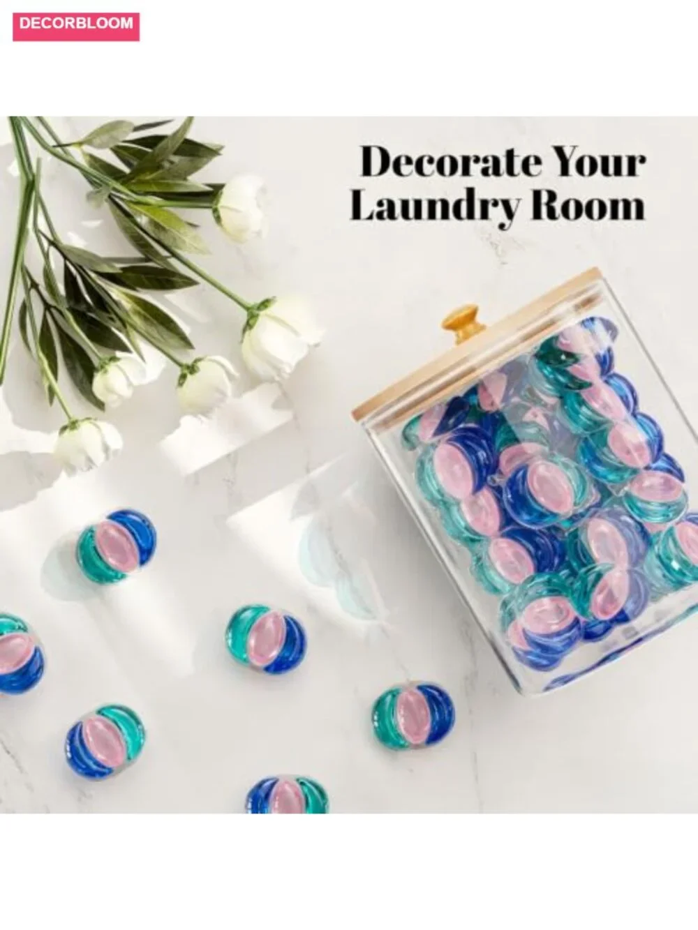 Glass Laundry Pods Container with Bamboo Lid, Acrylic Dryer Sheet Holder,